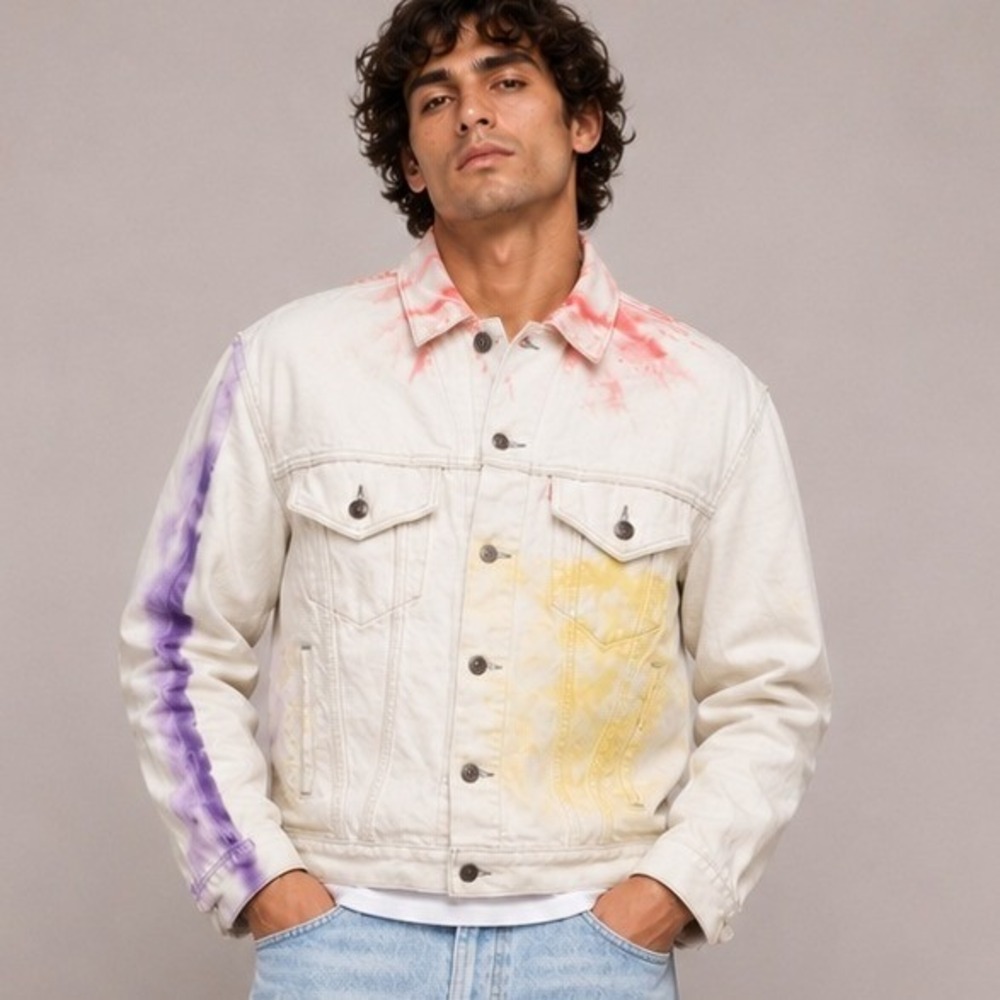 Vintage Levis Custom Tie Dye White Denim Trucker Jacket Mens 44R USA Boho Unique